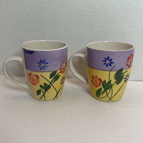 Hand Painted Ceramic Floral Purple Yellow Set of 2 Mugs Large 14 oz - Picture 2 of 4